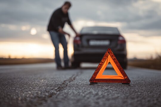 A man is placing an emergency triangle on the road behind his broken car in a rural area. It is late afternoon, and the sky is overcast
