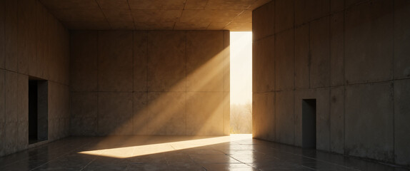 A dramatic sunbeam illuminates an empty concrete interior, an architectural concept for blogs on hope, minimalism, or spiritual new beginnings, showing a path forward.
