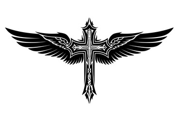 Modern Abstract Line Art of a Cross with Wings, Tribal Tattoo Style, Minimalist Contour Vector Illustration: Tribal Tattoo Cross with Wings