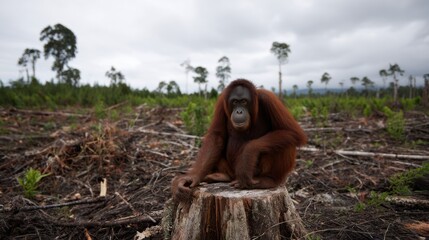 Sad orangutan sits on tree stump in deforested landscape. This powerful image shows animal habitat loss, environmental destruction, and plight of an endangered species