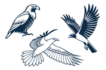 Obraz premium Three stylized eagles in navy blue on a white background