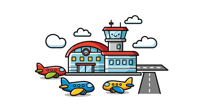 Playful airport illustration showcasing stylized terminal and colorful airplanes against sky
