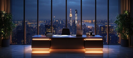 Night city view from modern office desk.