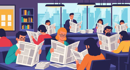 Diverse Group of People Sitting and Reading Daily Newspapers.