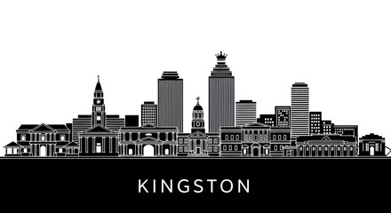 Striking monochrome silhouette displaying the urban skyline of Kingston Jamaica