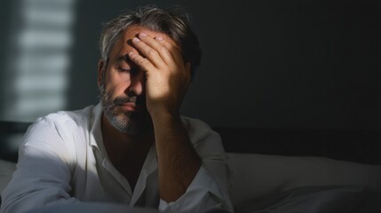 Depressed middle aged man sitting alone in dark bedroom with dramatic shadow and light on his face, feeling despair, stress, anxiety, and loneliness from mental health issue