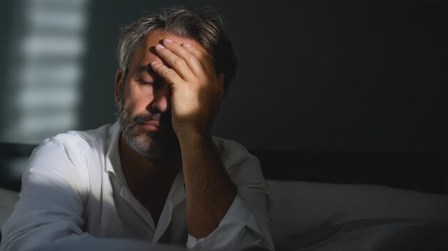 Depressed middle aged man sitting alone in dark bedroom with dramatic shadow and light on his face, feeling despair, stress, anxiety, and loneliness from mental health issue