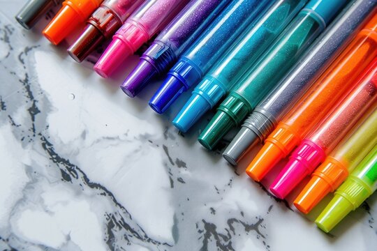 A high-angle close-up shows a row of colorful translucent pens arranged on a marble surface. The vibrant hues and clear bodies create a visually appealing composition