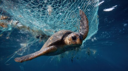 Helpless sea turtle caught in plastic net struggles underwater. This sad wildlife photo shows danger of ocean pollution from discarded fishing gear and its impact