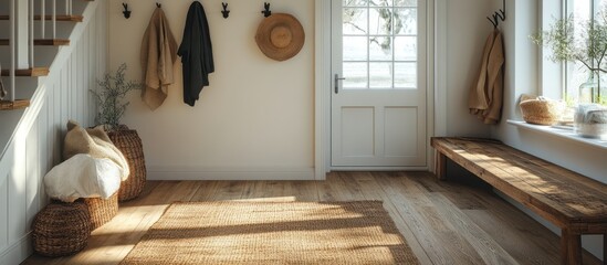 Sunlit entryway with wooden bench, coat hooks, and woven baskets.