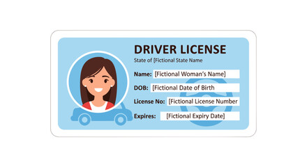 Vector illustration of a driver's license design with fictitious data details and cartoon portrait
