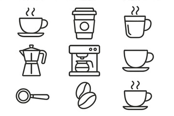 Coffee icon set line art collection. Vector symbols for cafe menu, barista, and coffee shop. Minimalist outline illustration of cup, machine, beans, moka pot, and espresso.