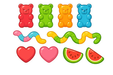Gummy candy vector set. Colorful jelly sweets collection. Gummy bear, worm, heart, watermelon slice. Cartoon fruit snacks and treats illustration for kids. Isolated icons.