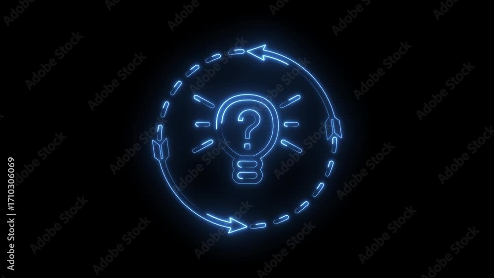 Poster neon light bulb question mark with circular arrows on black background concept animation