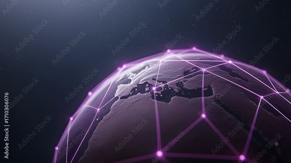 Aufkleber a stylized globe is encased by a translucent grid of interconnected pink nodes set against a dark ba