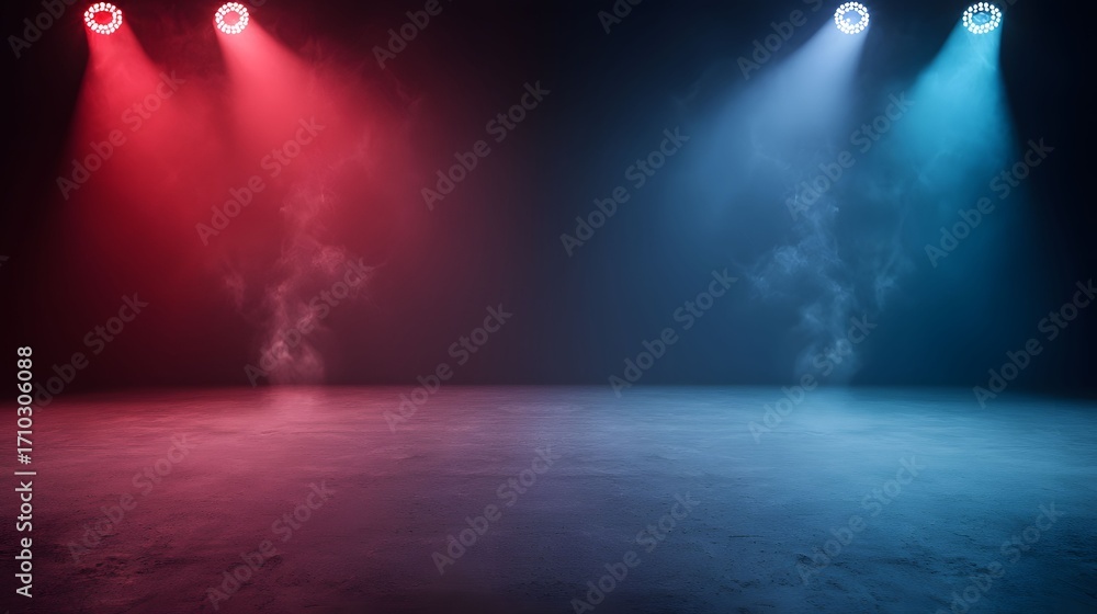 Poster the image shows a dark stage illuminated by two spotlights, one red and one blue, creating a strikin