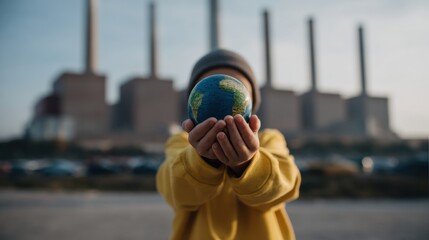 Concerned child holding small earth globe in front of factory. concept for future, environment, pollution, and climate change caused by massive power plant