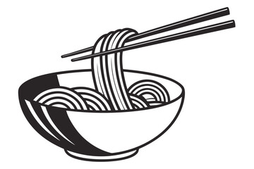 Stylized black and white illustration of noodles being picked up with chopsticks from a bowl