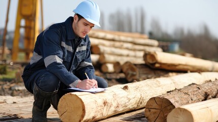 Focused male worker in hard hat and uniform inspecting log. This inspector performs quality control in lumber and forestry industry, writing on clipboard