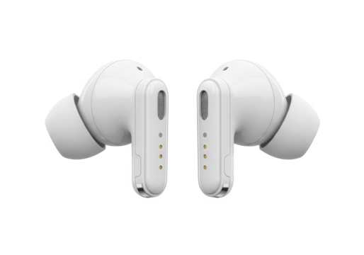 Pair of modern wireless earbuds displayed against a clean background, showcasing sleek design and features