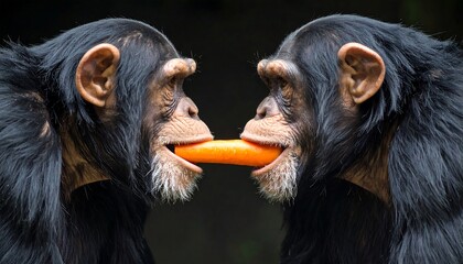 Two chimpanzees, facing each other, intently share a carrot, showcasing a playful and curious interaction against a dark background.