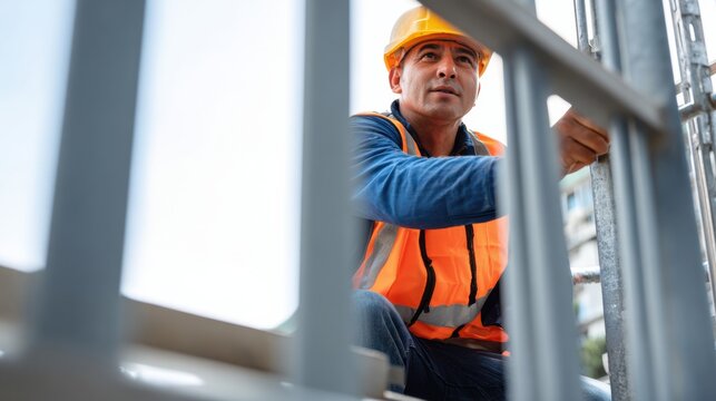Focused Asian worker in hard hat and safety vest at an industrial construction site. determined man, an engineer, monitors progress at factory while working