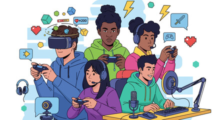 Group of diverse young adults enjoying video games.