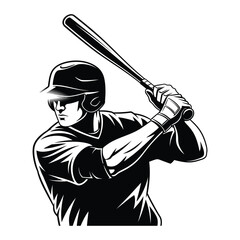 Dynamic black and white vector illustration of a baseball player in a batting stance, perfect for a sports mascot or team emblem