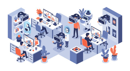 Fototapeta premium Isometric VR Development Lab with Developers and Robots.