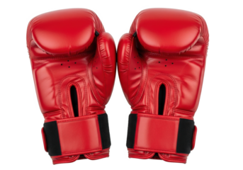 Red boxing gloves positioned for training, showcasing their texture, with a neutral background