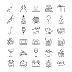 Collection of party and celebration icons in outline style.