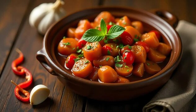 Kitfo resting on ceramic dish with fresh chili slices and garlic cloves nearby 