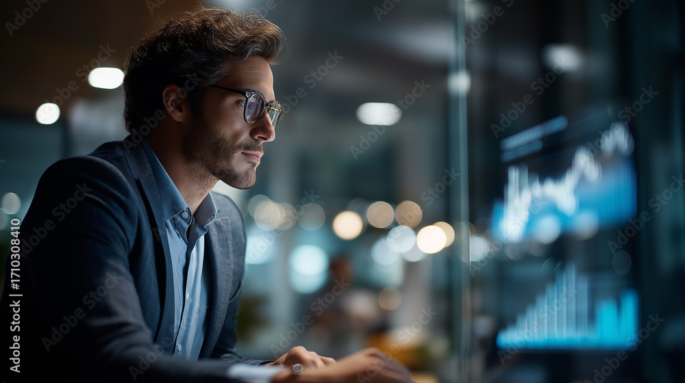 Poster an it company manager uses ai for performance forecasting screens showing strategic planning data a 