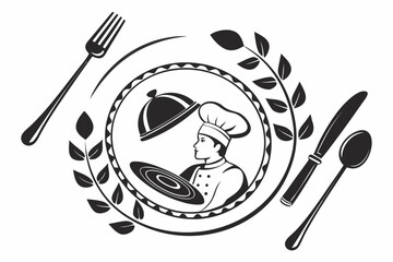 Chef serving food with utensils and decorative elements