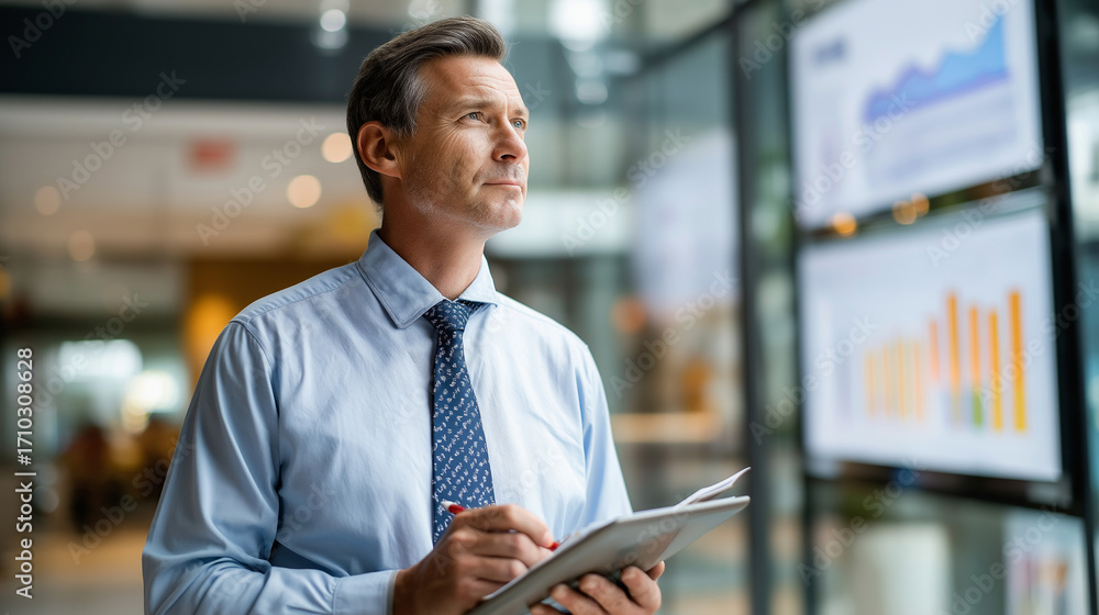 Poster an it company manager uses ai for performance forecasting screens showing strategic planning data a 