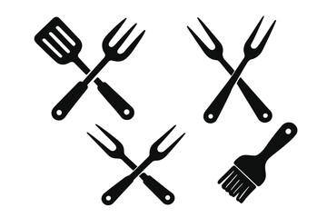 Fototapeta premium Barbecue tools icon set vector silhouette. Crossed spatula and fork for grilling. BBQ utensil collection for summer picnic cookout. Kitchen equipment for cooking meat.