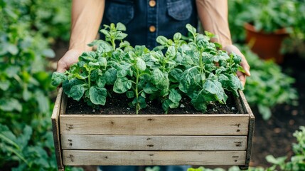 Person holding wooden box of fresh spinach plants in garden