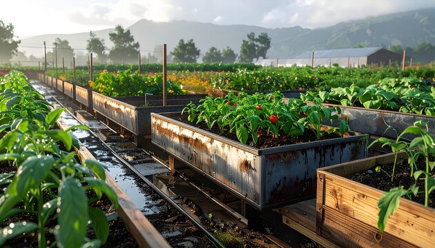 Rows of lush green vegetable seedlings cultivating in raised garden beds on a sustainable organic farm at sunrise