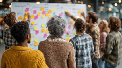 Diverse Team Brainstorming Session with Colorful Sticky Notes on a Whiteboard