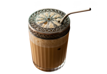 Tall glass of iced coffee with whipped cream and a straw isolated on transparent background