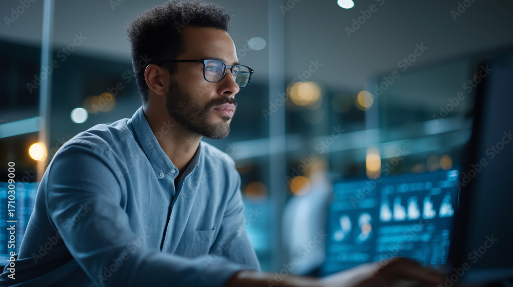 Poster an it company manager uses ai for performance forecasting screens showing strategic planning data a 