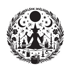 Black Witch Circle Ritual Silhouette Vector Illustration design, Solid White Background
