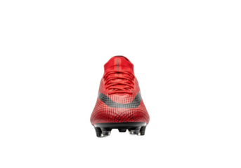 Red soccer cleat positioned centrally with a clean background, showcasing its design for athletic use