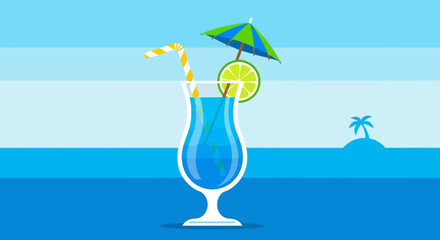 Refreshing Blue Cocktail with Lime and Umbrella Decoration.