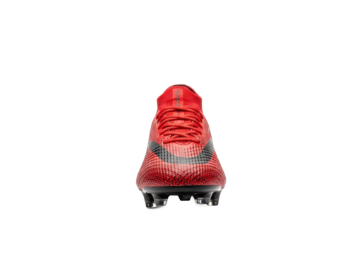 Red soccer cleat positioned centrally with a clean background, showcasing its design for athletic use