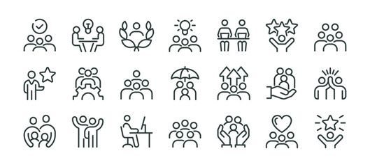 People crowd, person group, human resources, team work icons pack. Line signs office worker and employees group, staff people. Thin vector icons set for web and app outline pictograms editable stroke.