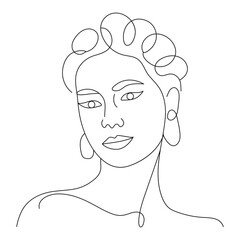 Minimalist line art portrait of a woman with curly hair and earrings