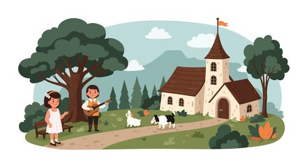 Naklejka premium Rural Scene with Church, Children, and Animals in a Peaceful Setting.