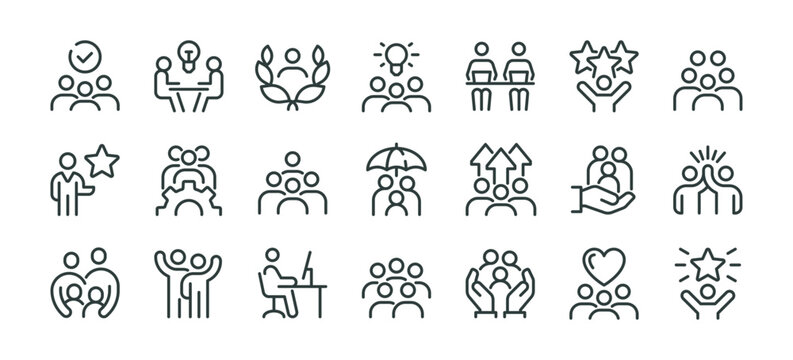 People crowd, person group, human resources, team work icons pack. Line signs office worker and employees group, staff people. Thin vector icons set for web and app outline pictograms editable stroke.