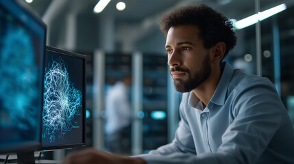 A data center developer monitors AI LLM visualizations on a PC screens showing neural network processes server racks in the background AI LLM development data center tech mach
